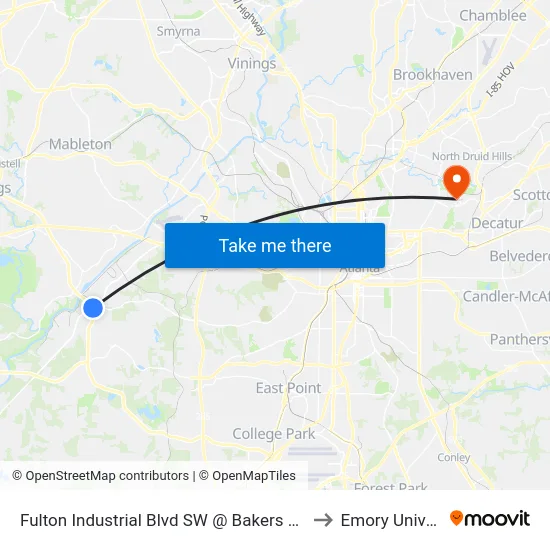 Fulton Industrial Blvd SW @ Bakers Ferry Rd (S) to Emory University map