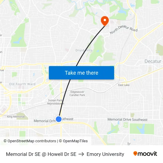 Memorial Dr SE @ Howell Dr SE to Emory University map
