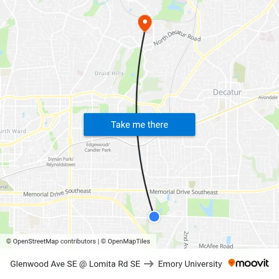 Glenwood Ave SE @ Lomita Rd SE to Emory University map