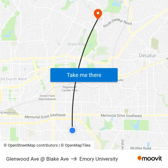 Glenwood Ave @ Blake Ave to Emory University map