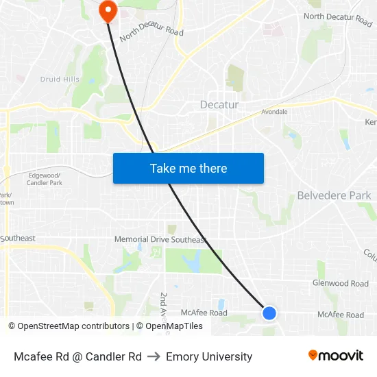 Mcafee Rd @ Candler Rd to Emory University map