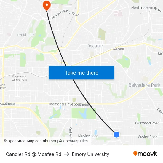 Candler Rd @ Mcafee Rd to Emory University map