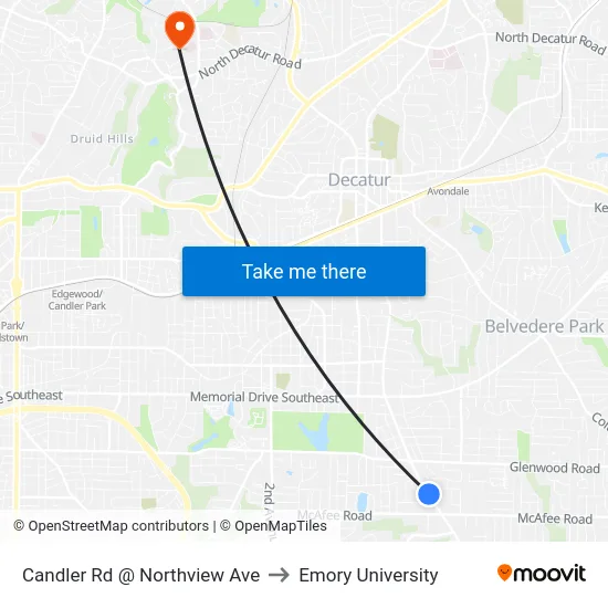 Candler Rd @ Northview Ave to Emory University map
