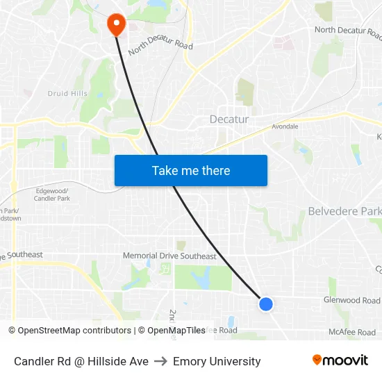 Candler Rd @ Hillside Ave to Emory University map