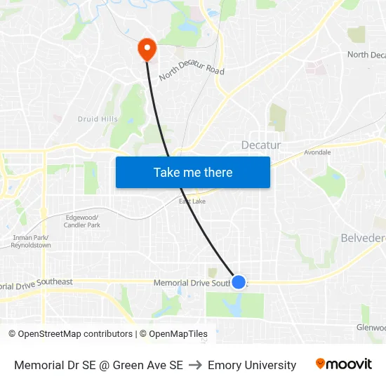 Memorial Dr SE @ Green Ave SE to Emory University map