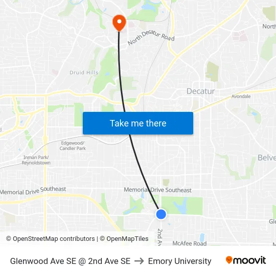 Glenwood Ave SE @ 2nd Ave SE to Emory University map