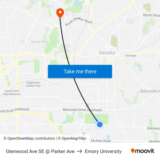 Glenwood Ave SE @ Parker Ave to Emory University map