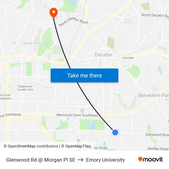 Glenwood Rd @ Morgan Pl SE to Emory University map