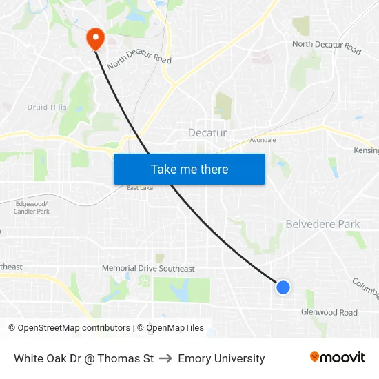 White Oak Dr @ Thomas St to Emory University map