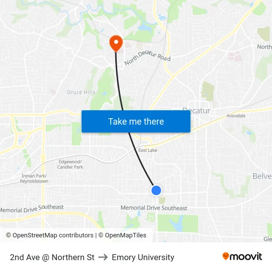 2nd Ave @ Northern St to Emory University map
