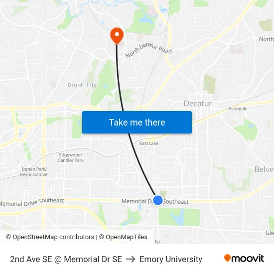 2nd Ave SE @ Memorial Dr SE to Emory University map