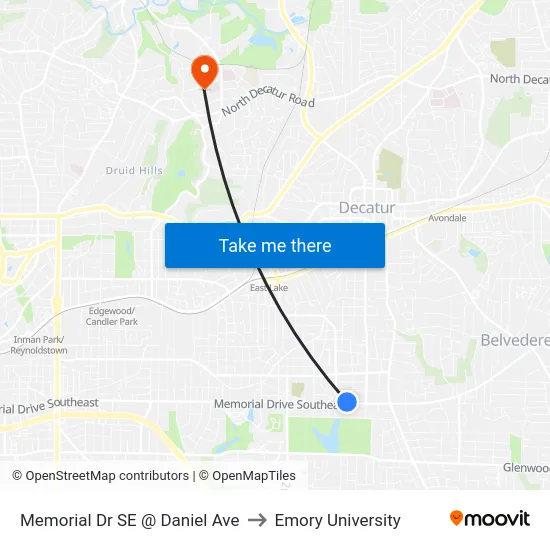 Memorial Dr SE @ Daniel Ave to Emory University map