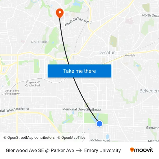 Glenwood Ave SE @ Parker Ave to Emory University map