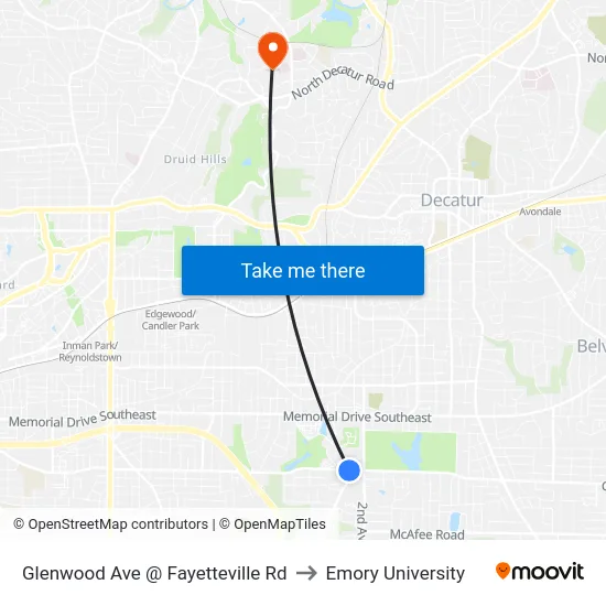 Glenwood Ave @ Fayetteville Rd to Emory University map