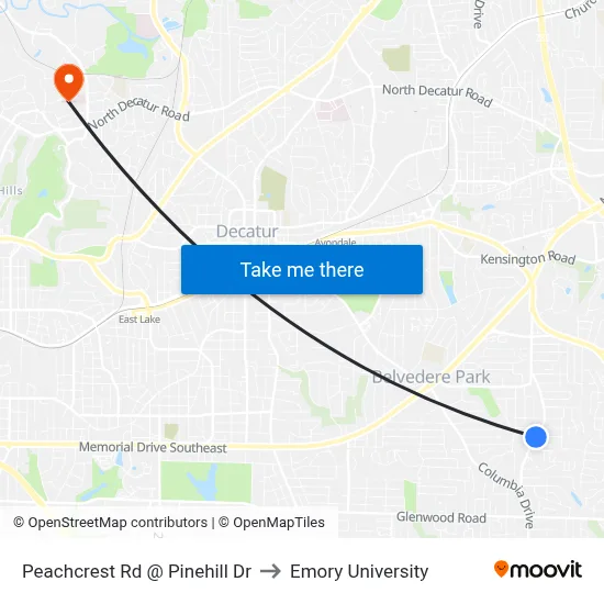 Peachcrest Rd @ Pinehill Dr to Emory University map