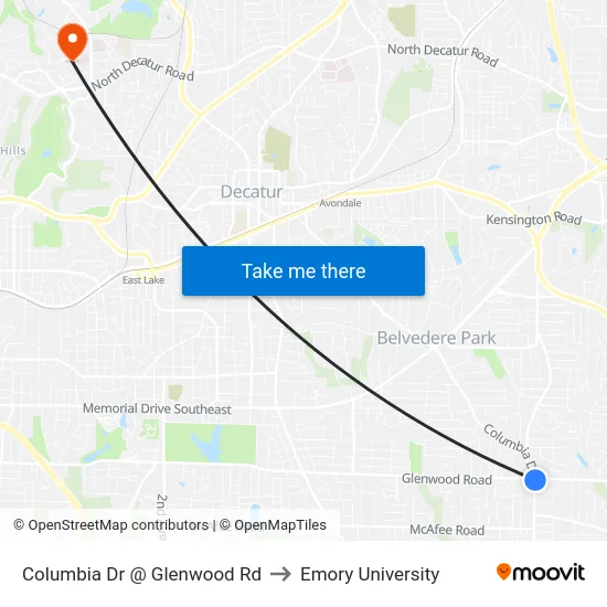 Columbia Dr @ Glenwood Rd to Emory University map