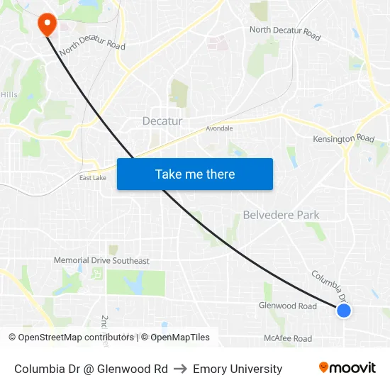 Columbia Dr @ Glenwood Rd to Emory University map