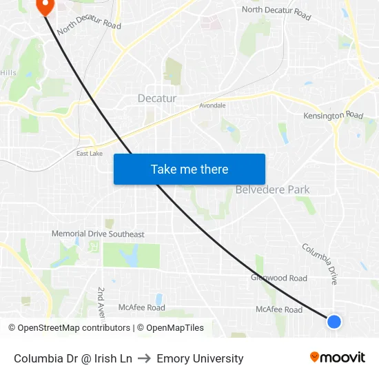 Columbia Dr @ Irish Ln to Emory University map