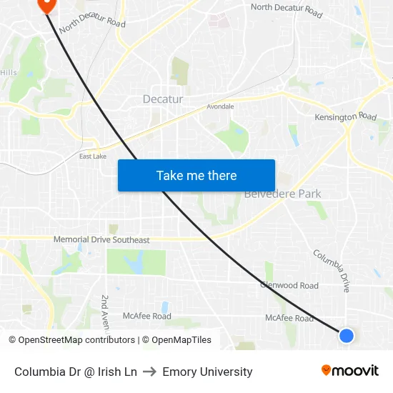 Columbia Dr @ Irish Ln to Emory University map