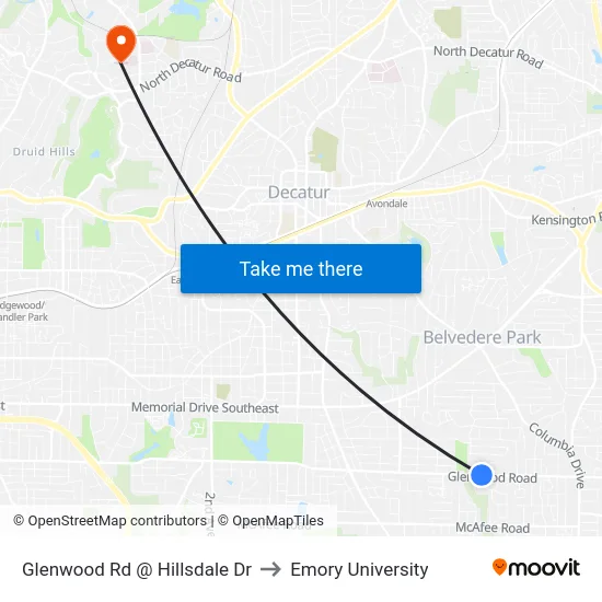 Glenwood Rd @ Hillsdale Dr to Emory University map