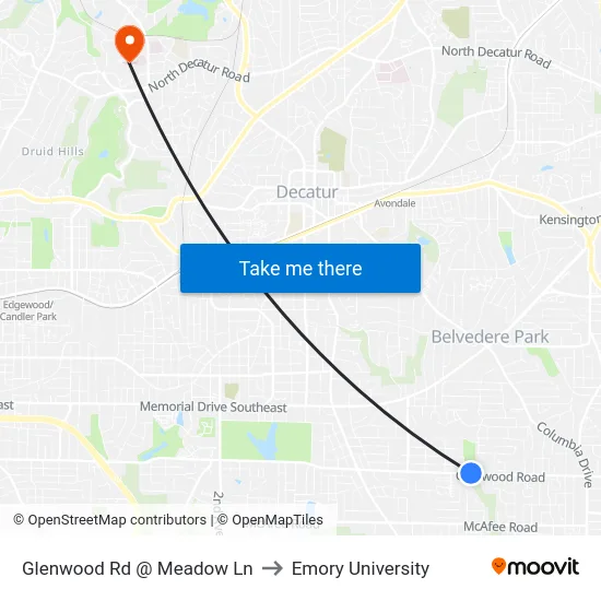 Glenwood Rd @ Meadow Ln to Emory University map