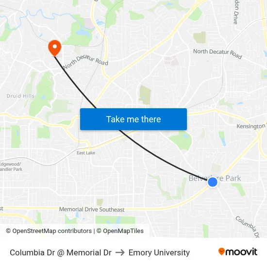Columbia Dr @ Memorial Dr to Emory University map