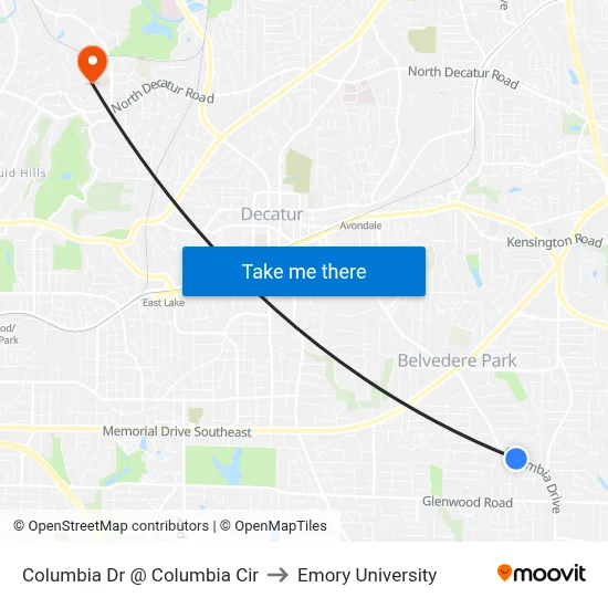 Columbia Dr @ Columbia Cir to Emory University map