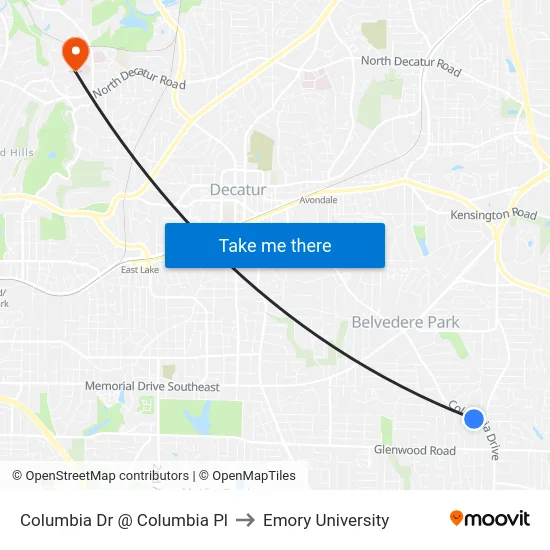 Columbia Dr @ Columbia Pl to Emory University map