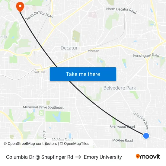 Columbia Dr @ Snapfinger Rd to Emory University map