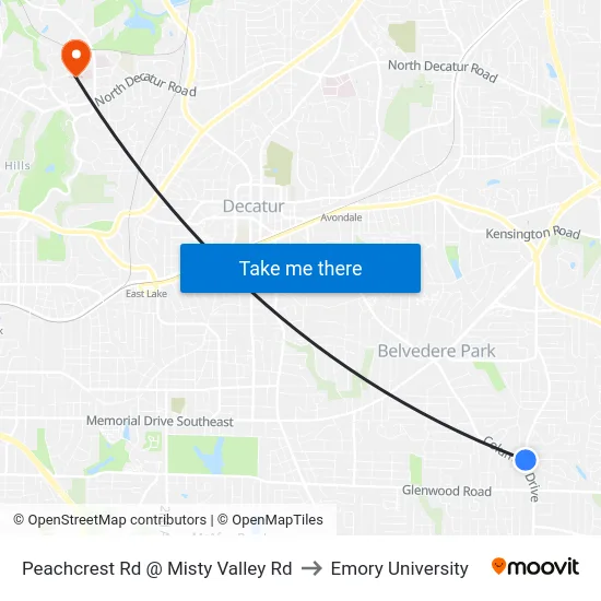 Peachcrest Rd @ Misty Valley Rd to Emory University map