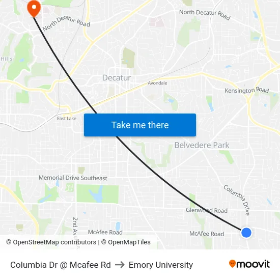 Columbia Dr @ Mcafee Rd to Emory University map
