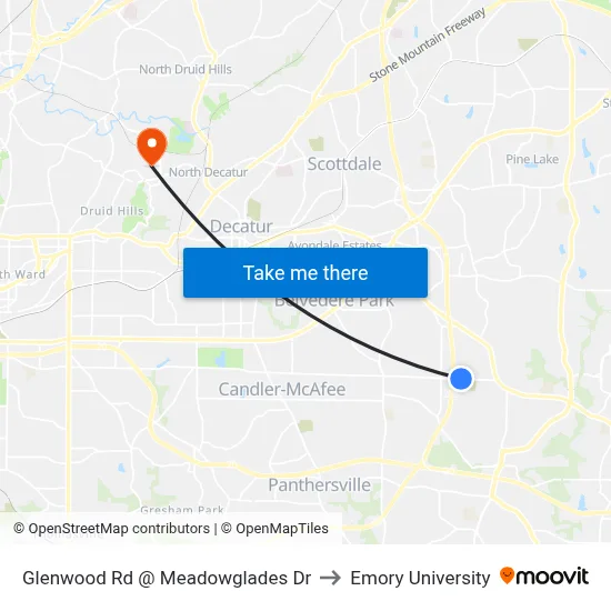 Glenwood Rd @ Meadowglades Dr to Emory University map