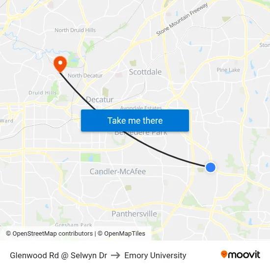 Glenwood Rd @ Selwyn Dr to Emory University map