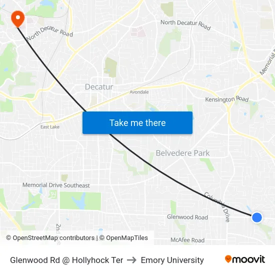 Glenwood Rd @ Hollyhock Ter to Emory University map