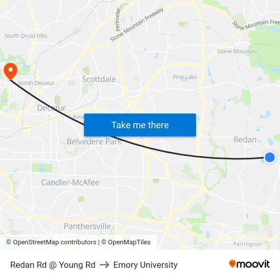 Redan Rd @ Young Rd to Emory University map