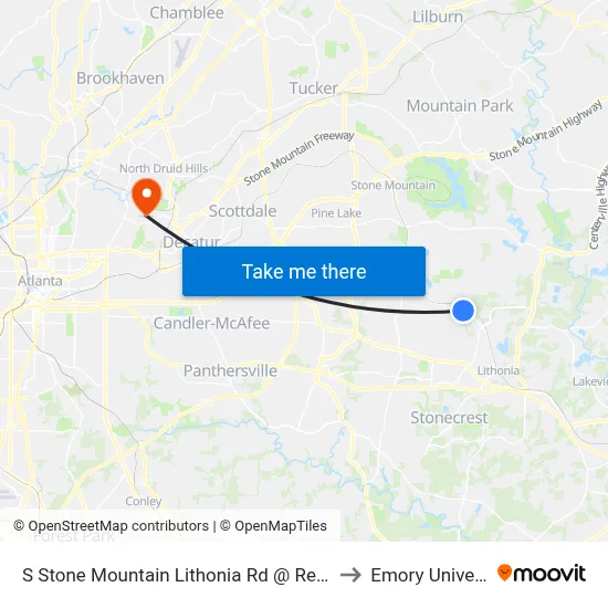 S Stone Mountain Lithonia Rd @ Redan East to Emory University map