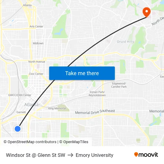 Windsor St @ Glenn St SW to Emory University map