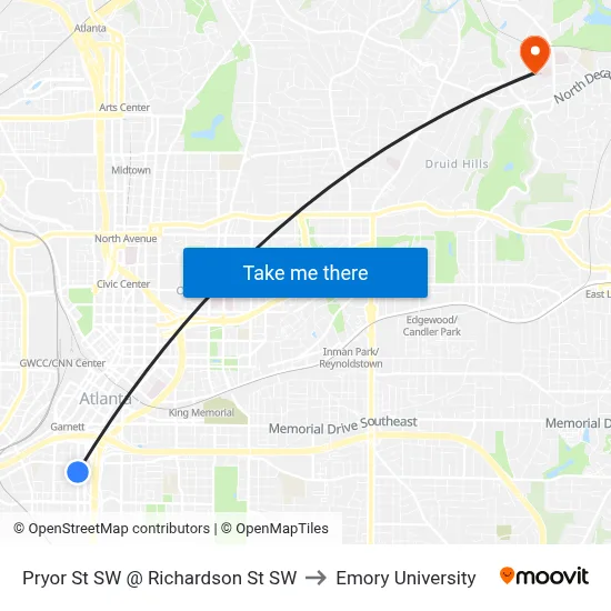 Pryor St SW @ Richardson St SW to Emory University map