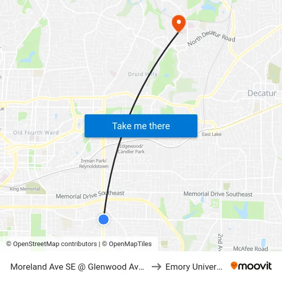 Moreland Ave SE @ Glenwood Ave SE to Emory University map