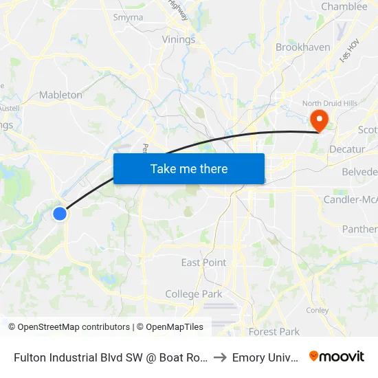 Fulton Industrial Blvd SW @ Boat Rock Rd SW to Emory University map