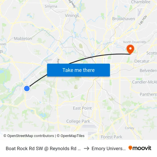 Boat Rock Rd SW @ Reynolds Rd SW to Emory University map
