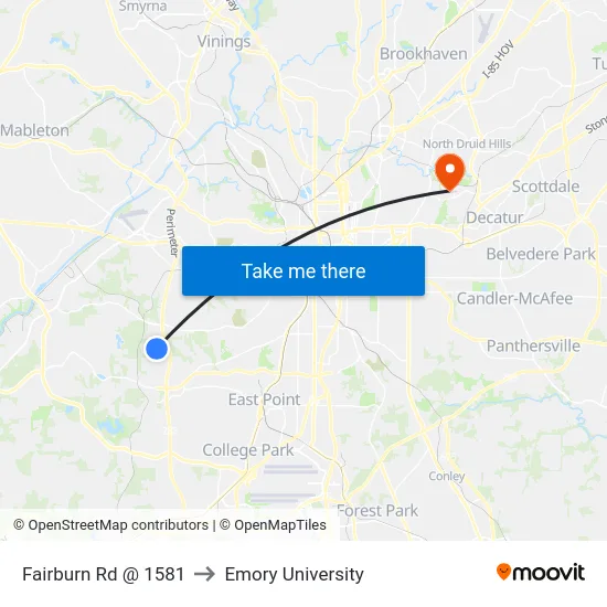 Fairburn Rd @ 1581 to Emory University map