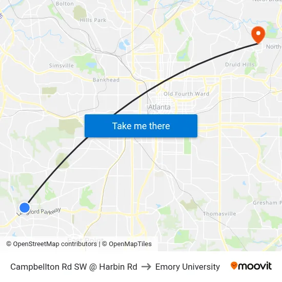Campbellton Rd SW @ Harbin Rd to Emory University map