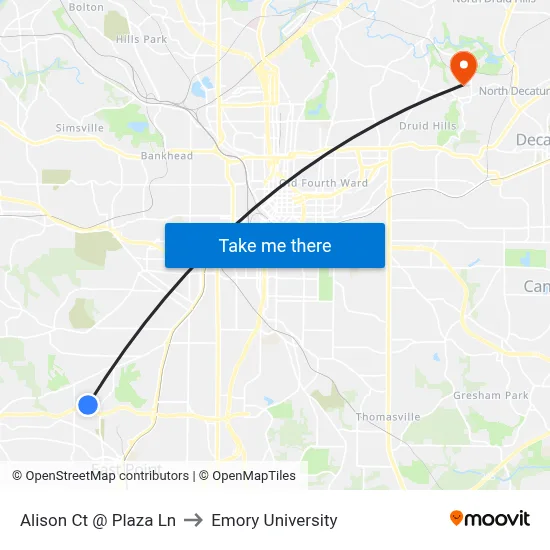 Alison Ct @ Plaza Ln to Emory University map