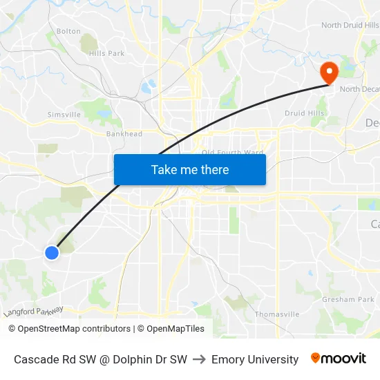 Cascade Rd SW @ Dolphin Dr SW to Emory University map