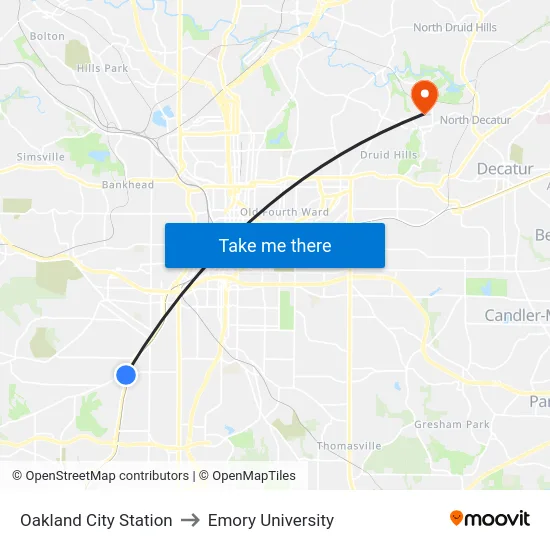 Oakland City Station to Emory University map
