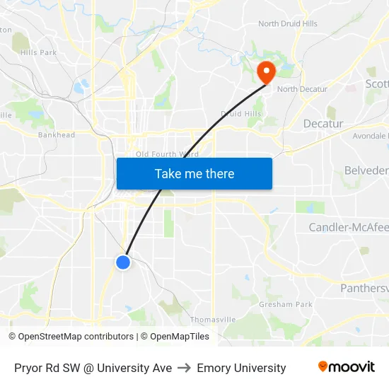 Pryor Rd SW @ University Ave to Emory University map