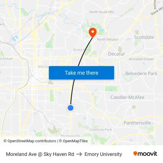 Moreland Ave @ Sky Haven Rd to Emory University map