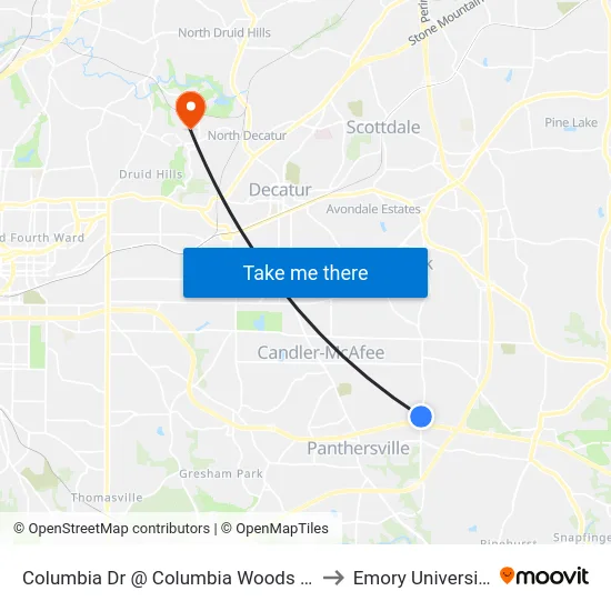 Columbia Dr @ Columbia Woods Dr to Emory University map