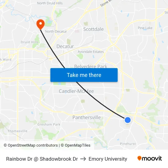 Rainbow Dr @ Shadowbrook Dr to Emory University map